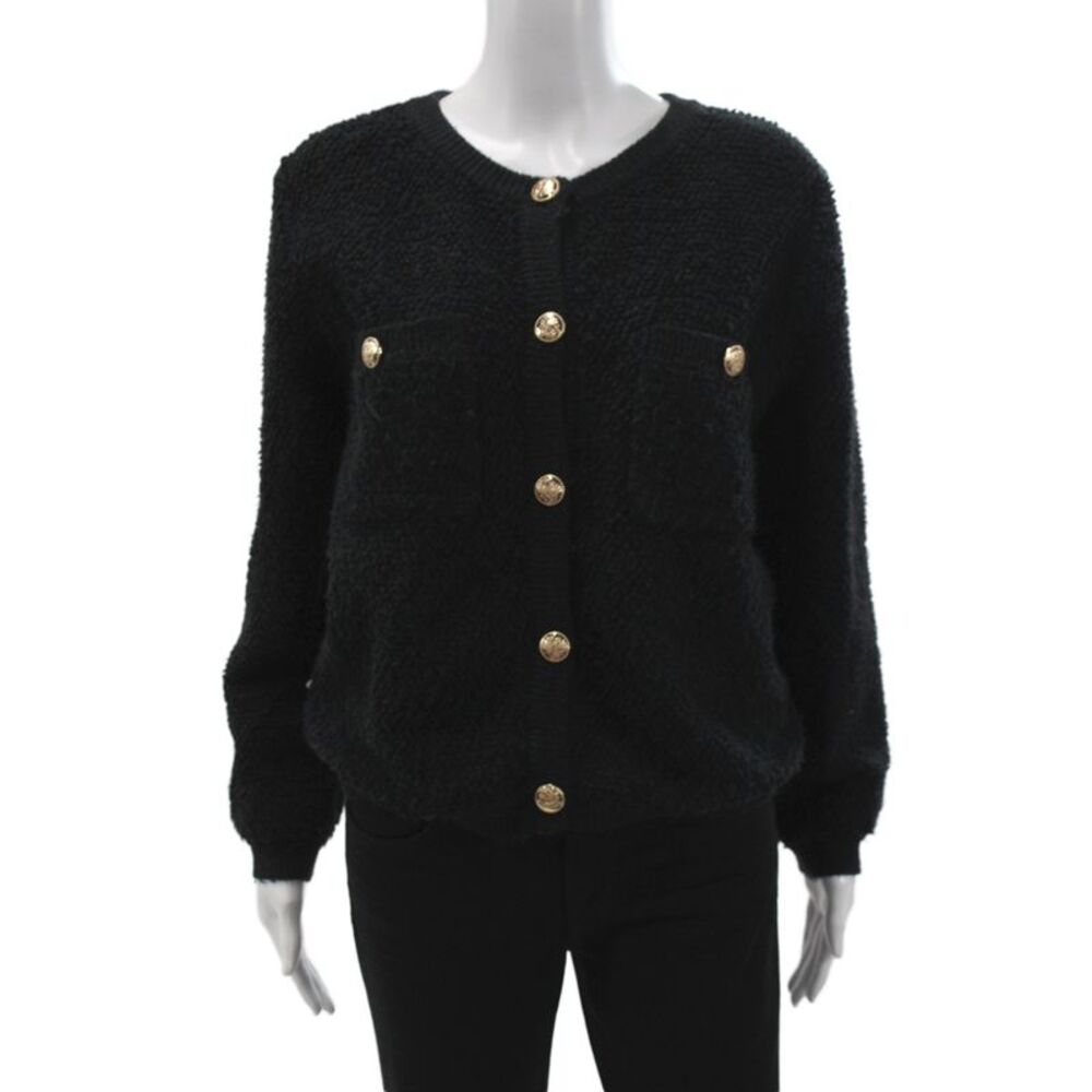 Line And Dot Womens Cardigan Black Button Long Sleeve Round Neck Size M